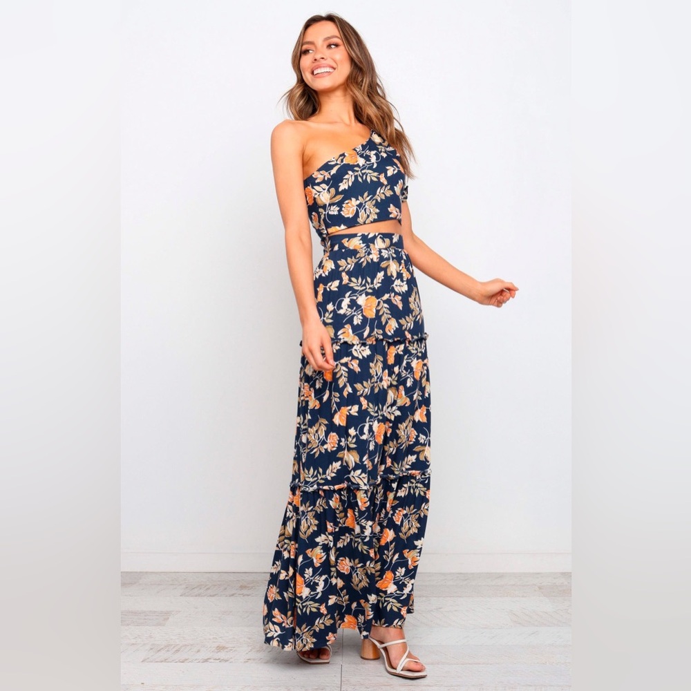PETAL & PUP | Aimee One Shoulder Crop Top + Deaville Skirt Navy Floral Set